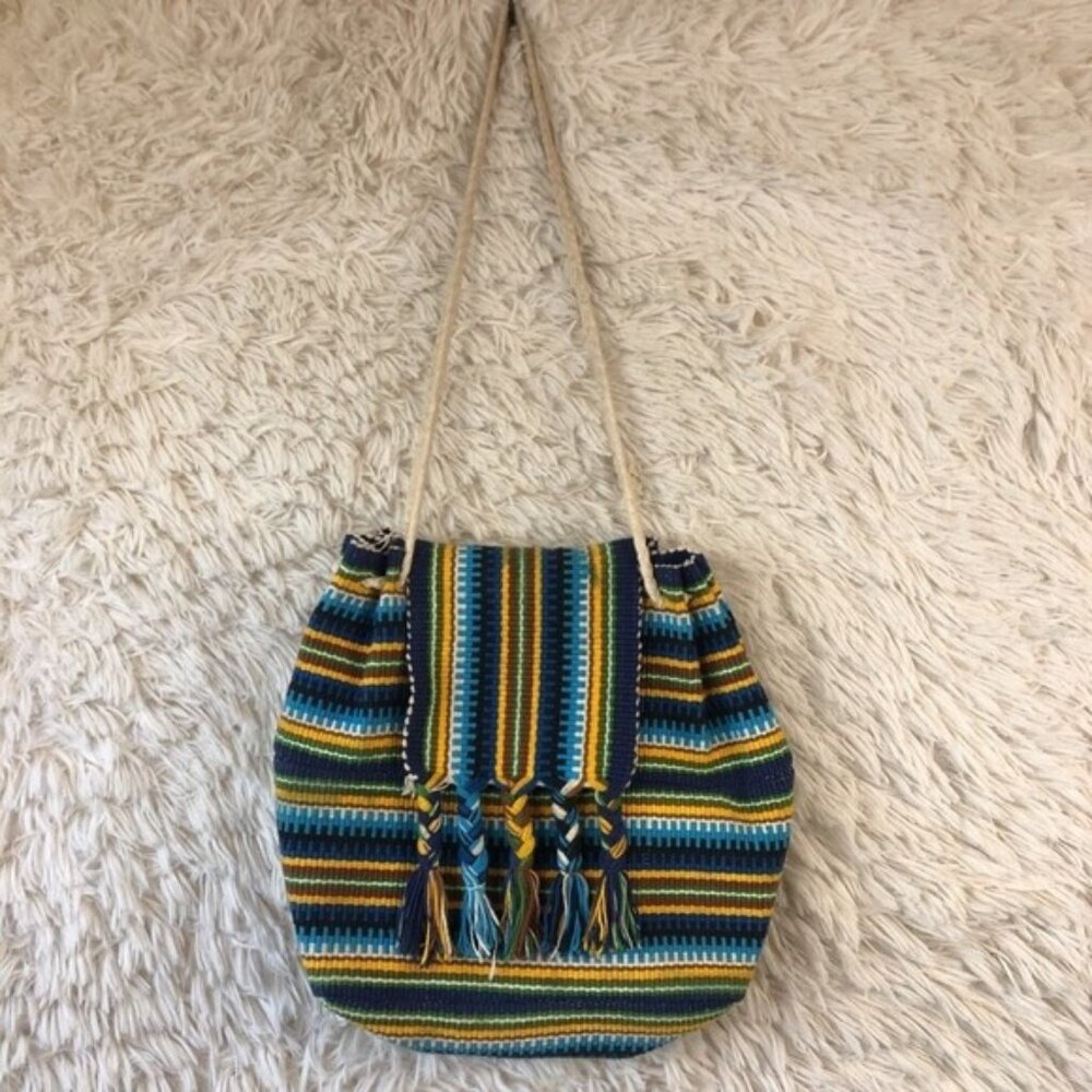 Womens Hobo Handbag Purse Multicolor Blue Striped Dual Handle Flap Over Beach
